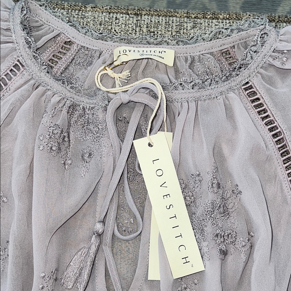 Love Stitch Lavender Gray Embroidered Peasant Blouse - Picture 2 of 3